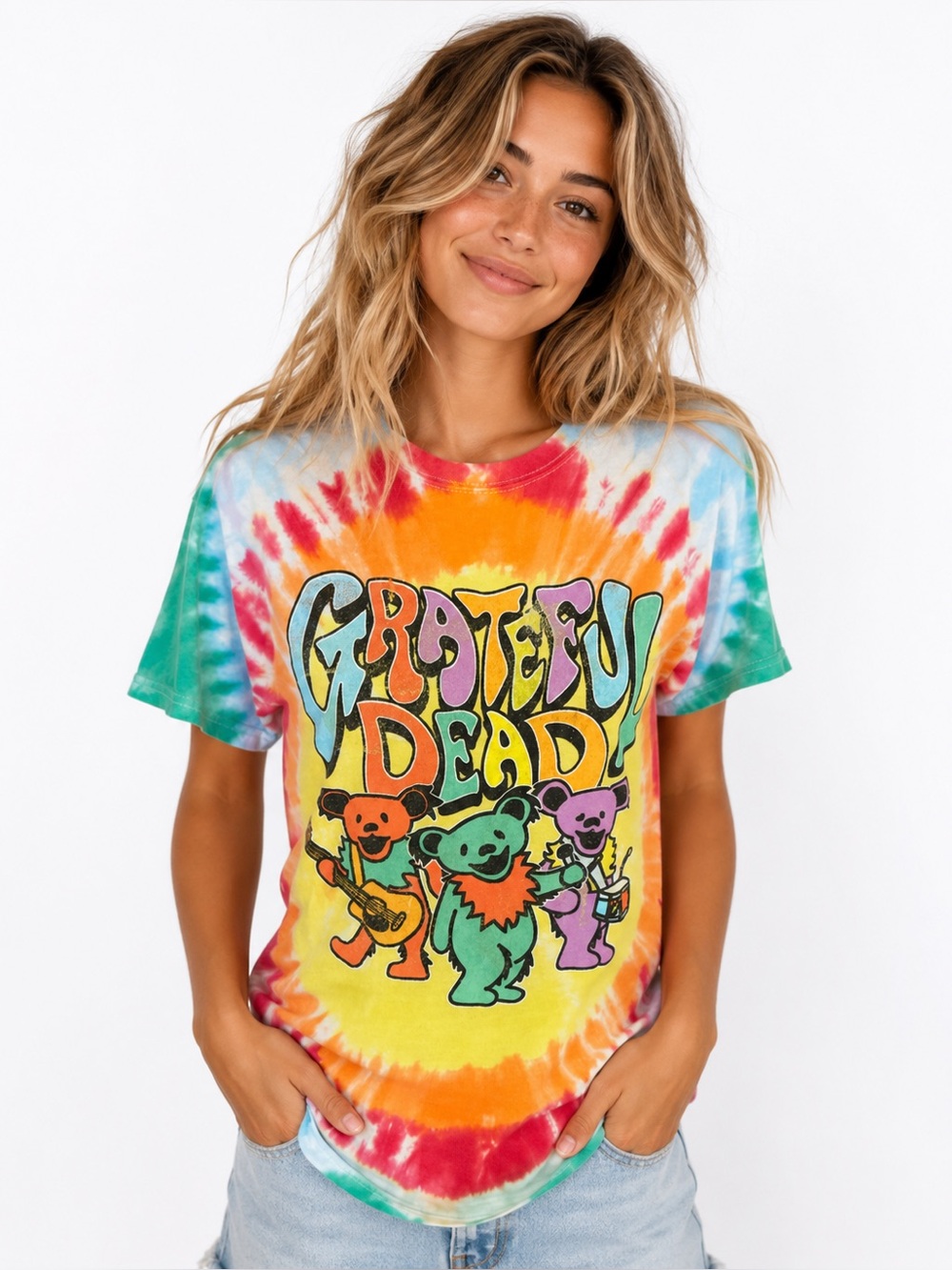 Grateful Dead Ripple Junction Tie Dye Bears Graphic T-Shirt Small Rainbow